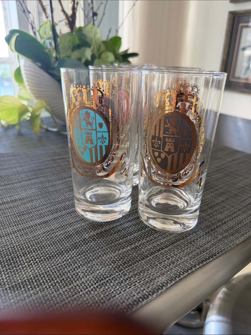 Gold Crest Highball Glasses with Blue and Brown Accents - Set of 8